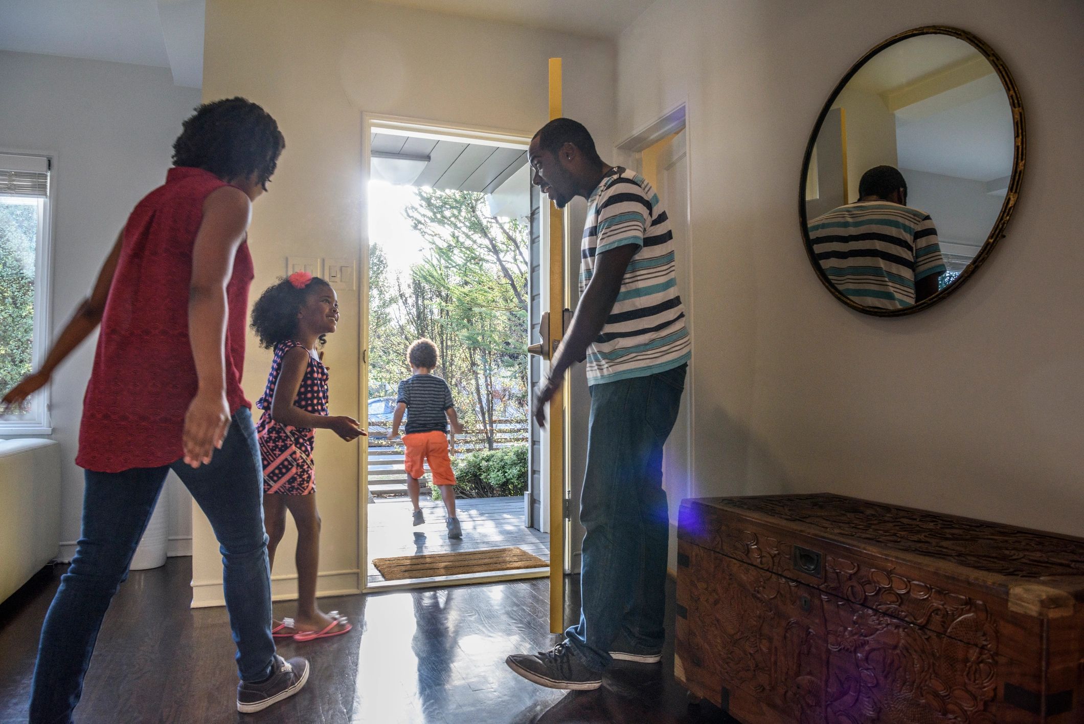 Family preparing to leave home together